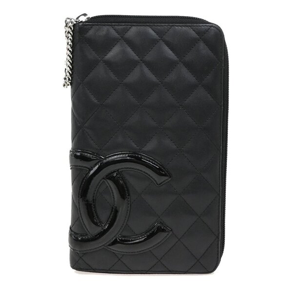 CHANEL CC Logo Cambon Zip Around Long Bifold Wallet Leather Black Pink 39EF850 - Picture 1 of 15